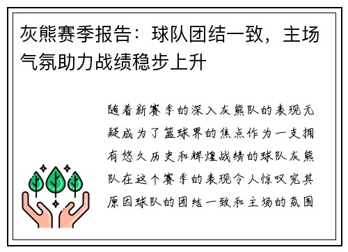 灰熊赛季报告：球队团结一致，主场气氛助力战绩稳步上升